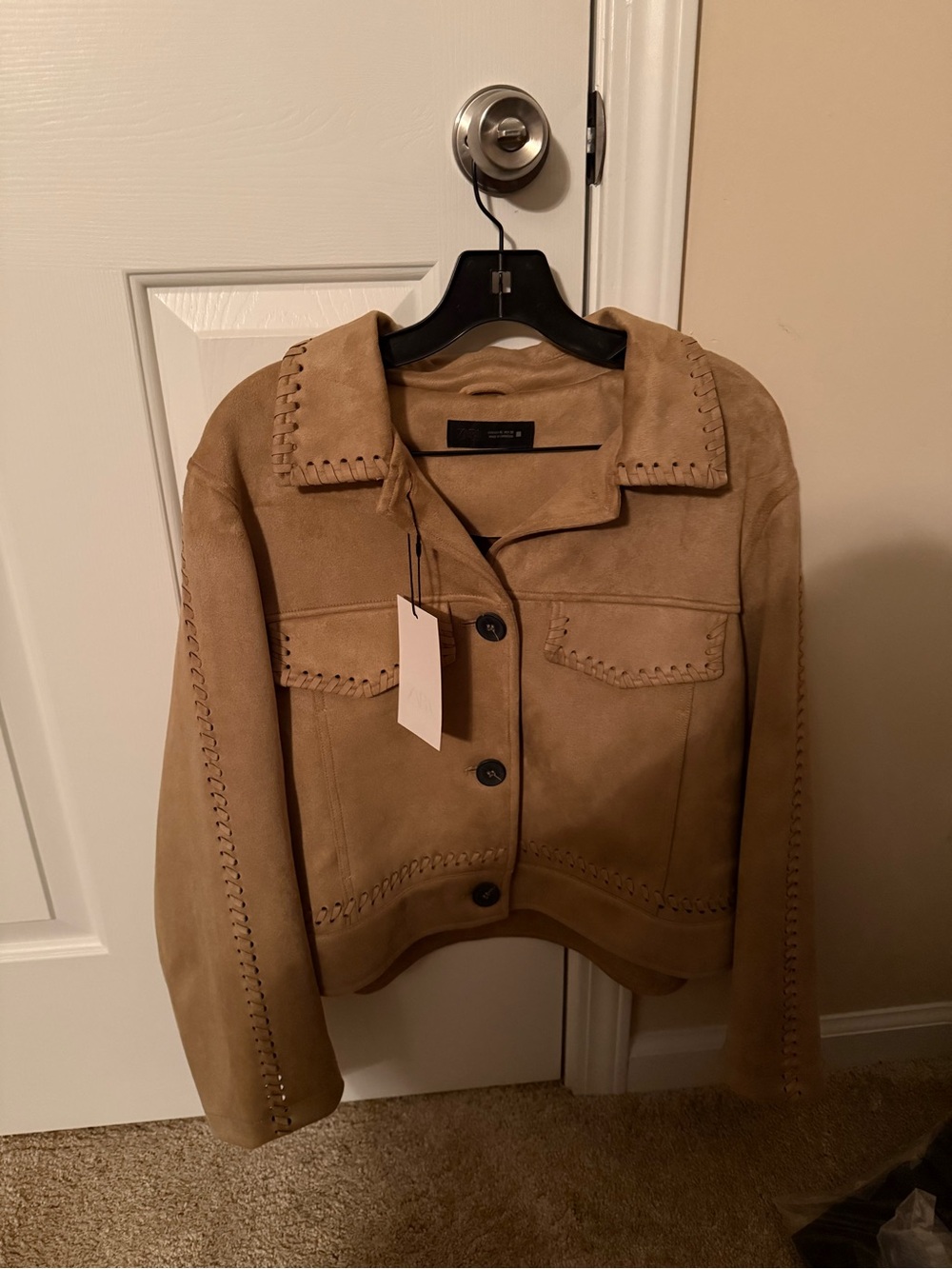 Zara Tan Suede Whipstitch Button Jacket